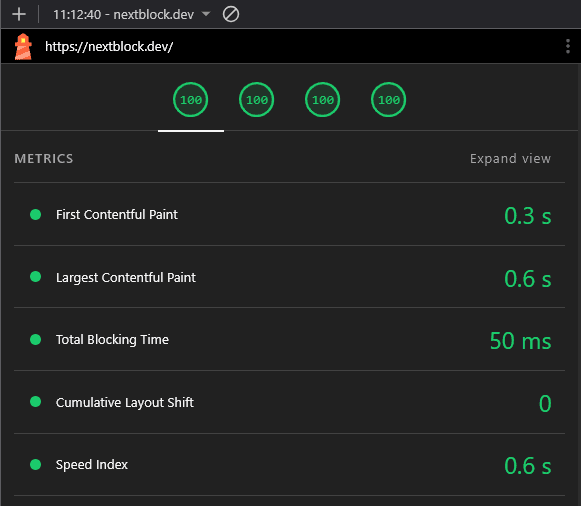 Lighthouse report for NextBlock CMS showing 100 for Performance, Accessibility, Best Practices and SEO